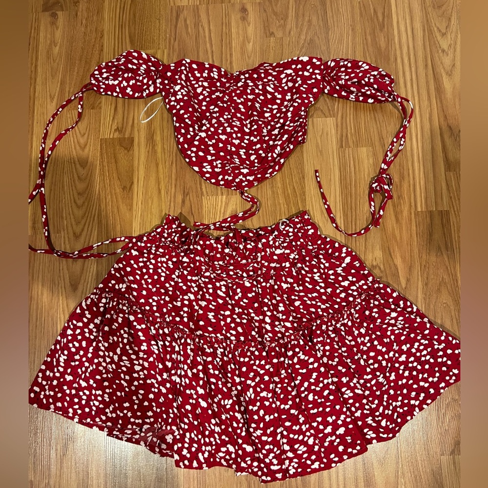 Red Floral Two-Piece Skirt Set